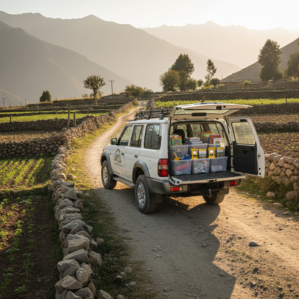 A rugged, four-wheel-drive vehicle parked on a narrow rural dirt road, its clean white body emblazoned with a discreet community development association logo. The vehicle’s open rear door reveals organized plastic crates containing educational materials, solar lamps, and seed packets. Surrounding the road are terraced fields, dry-stone walls, and distant mountain ridges fading into a soft haze. Late-afternoon golden hour light warms the scene, casting gentle highlights along the vehicle’s contours and long shadows across the track. Photographic realism from a three-quarter rear angle, moderate depth of field to keep both the vehicle and immediate landscape sharp, communicates outreach, mobility, and committed accompaniment to hard-to-reach communities in a serious, professional tone.